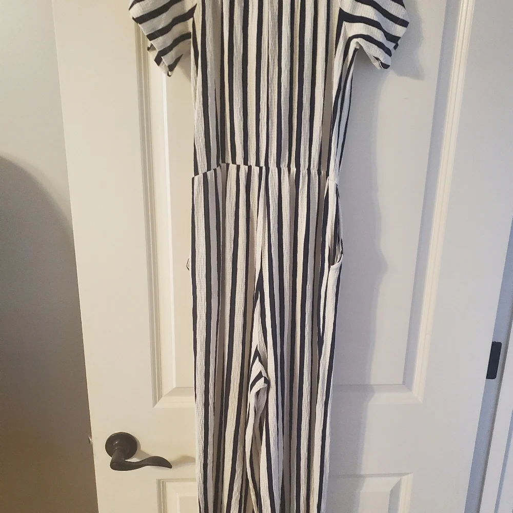 Ladies blue white stripe off the shoulder jump suit, elastic waist, side pockets - Picture 2 of 5